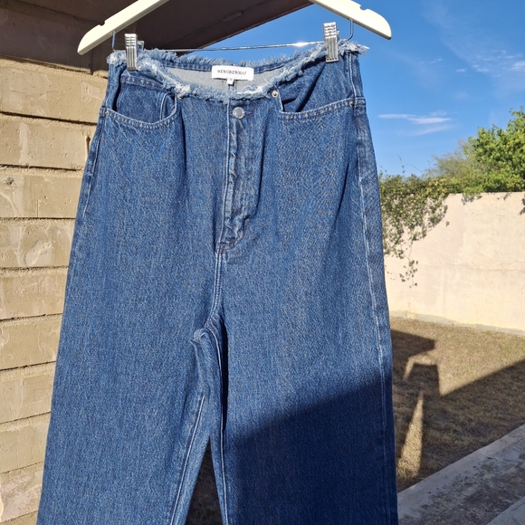 WeWoreWhat Frayed Waist & Hem High-Rise Straight Leg Blue Denim Jeans Size 28 - Picture 7 of 16